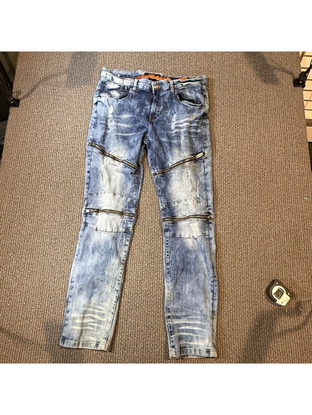 Men's Copper Rivet Jeans Men’s 38x32 Distressed Blue Tint Side Zip Pockets Denim